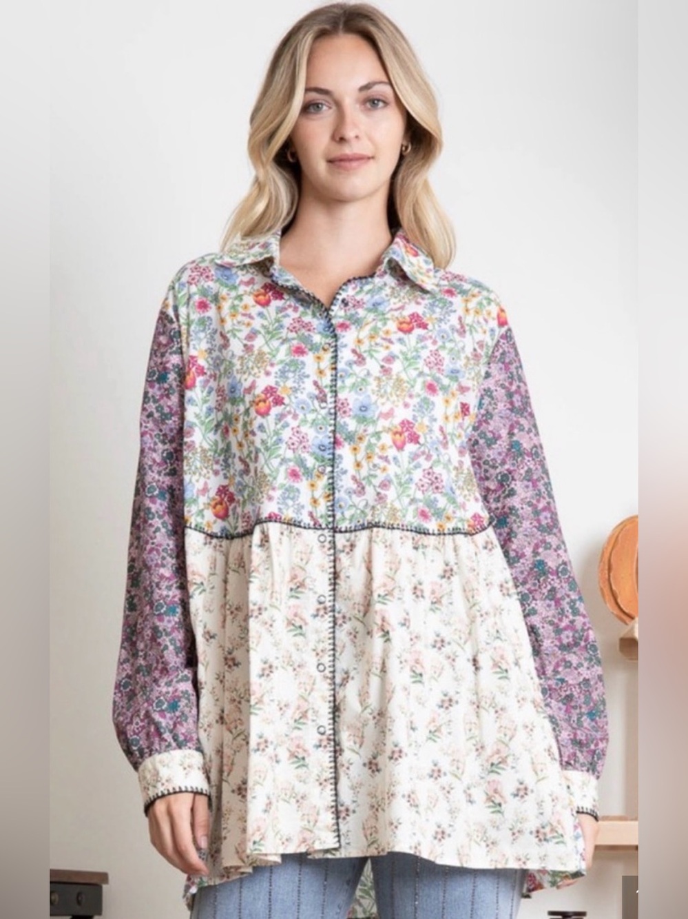 NWT Blue Velvet Multi-Print Floral Button-Up Blouse